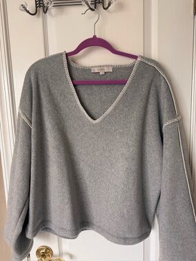LOFT Light Gray V-Neck Sweater with Contrast Stitch